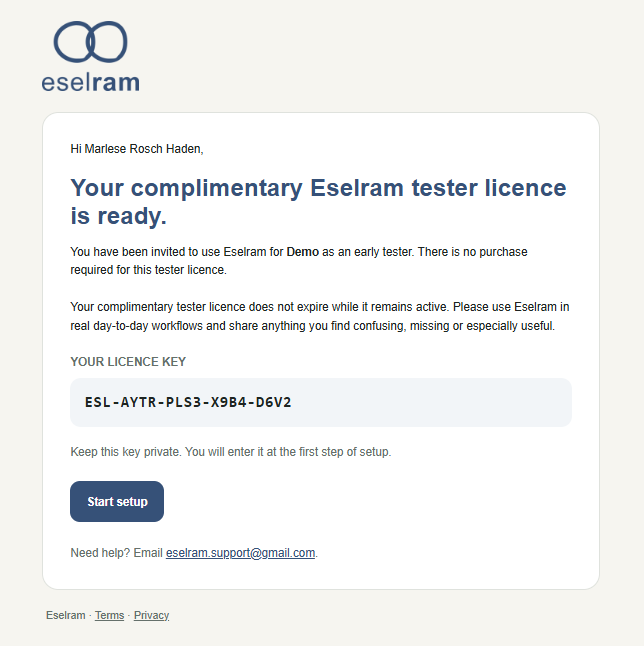 Example Eselram licence email showing the licence code and Start setup button