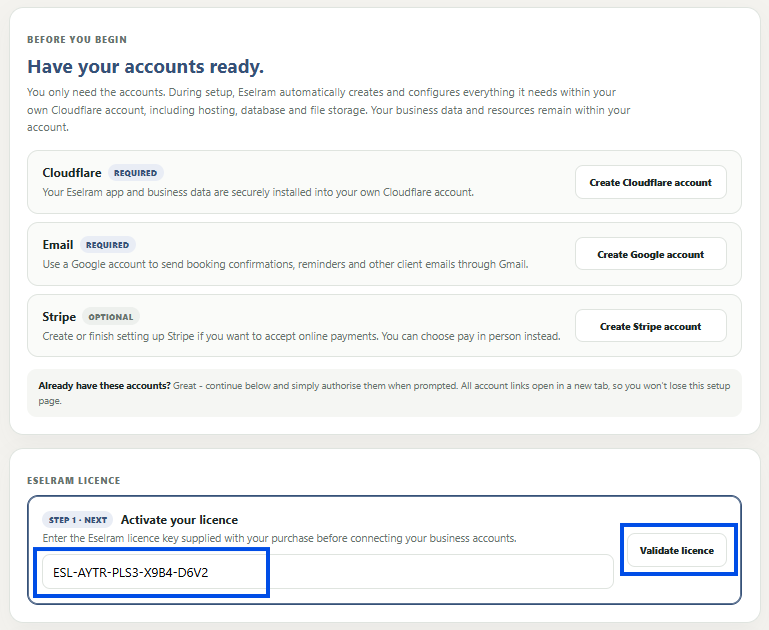 Eselram installer licence validation screen