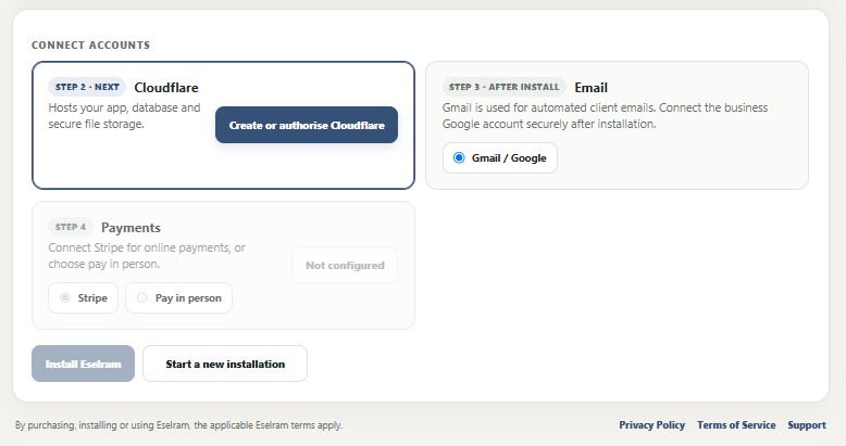 Eselram Connect Accounts screen for Cloudflare, email and payments