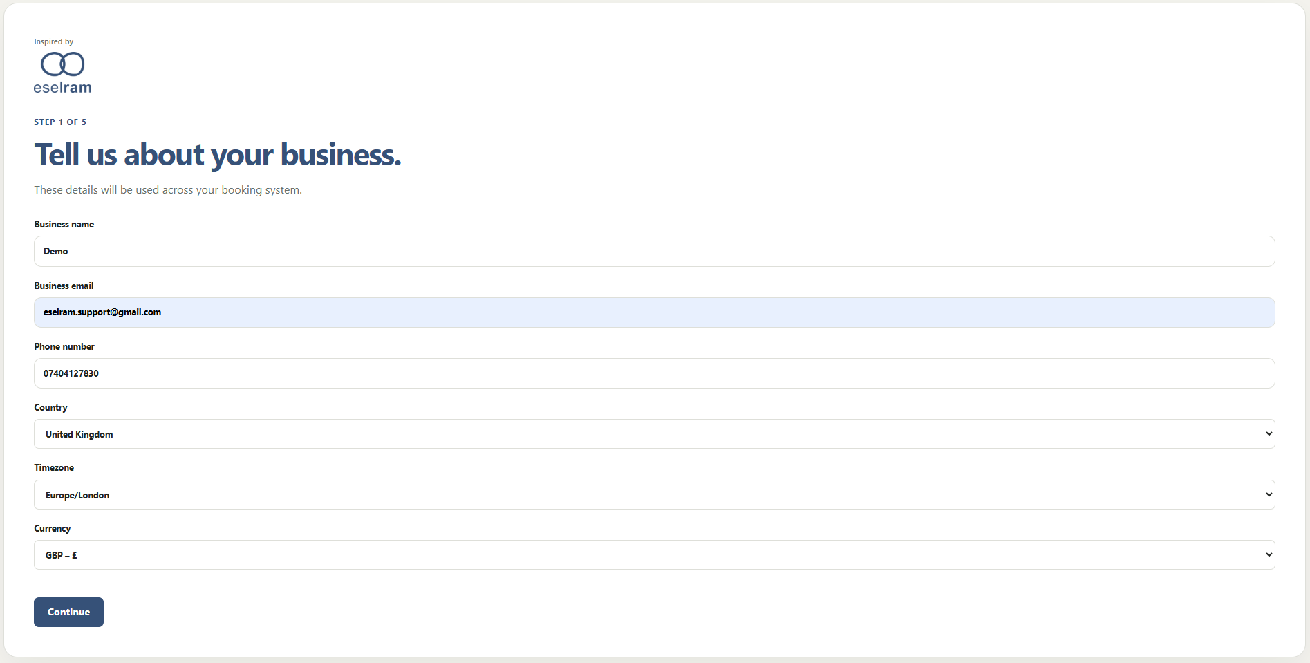 Eselram business details setup screen