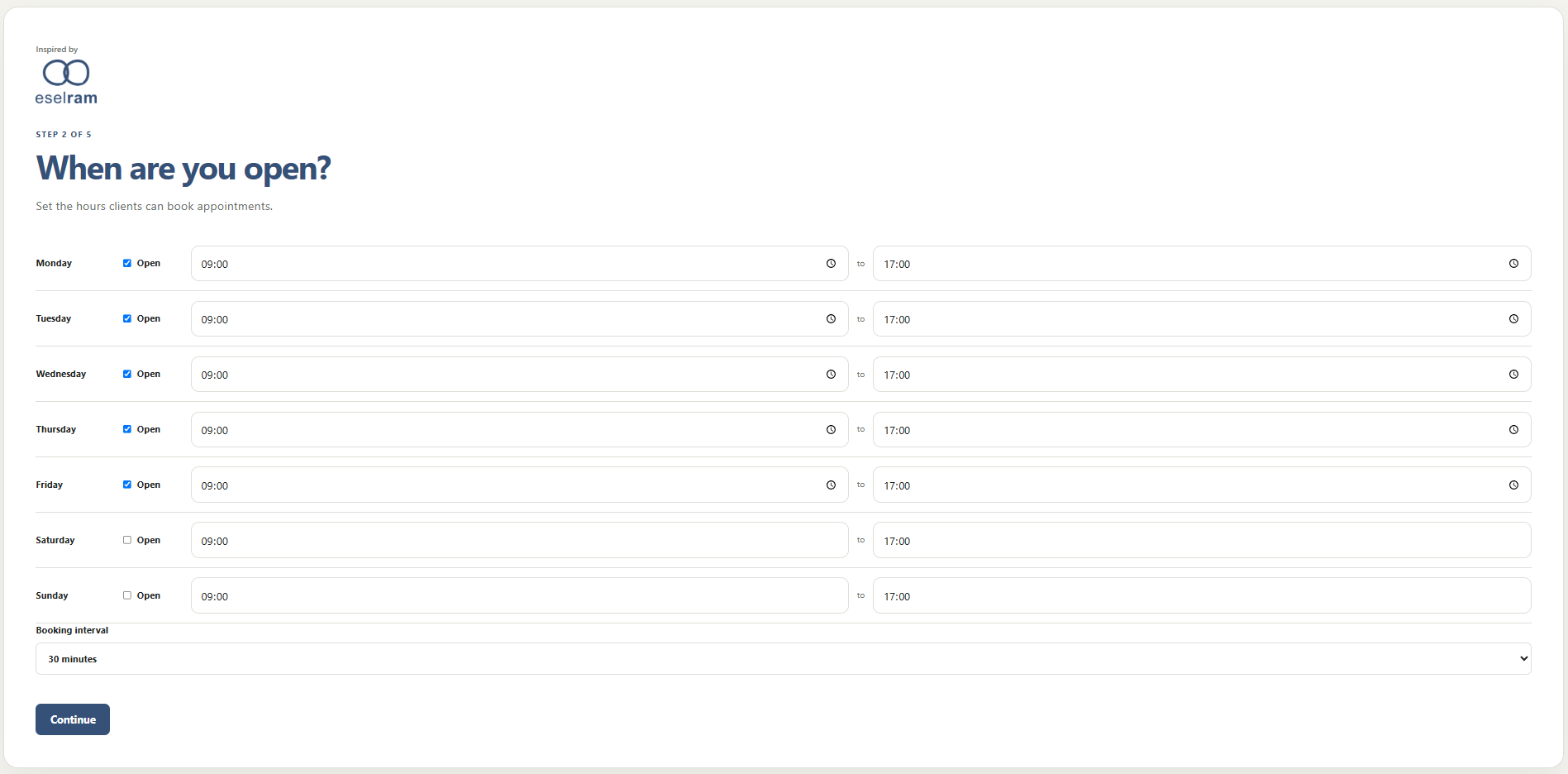 Eselram opening hours setup screen