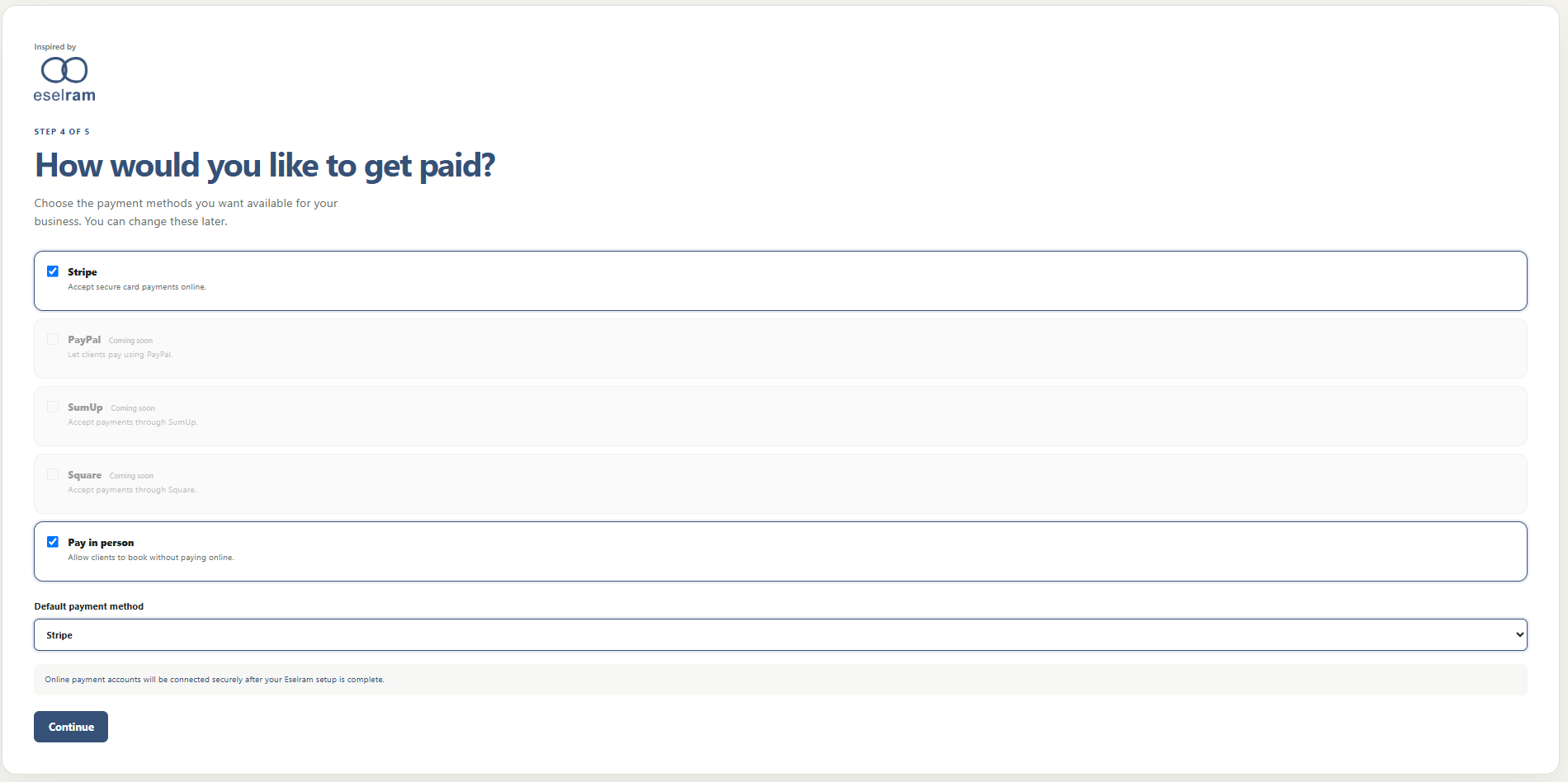 Eselram payment preference setup screen