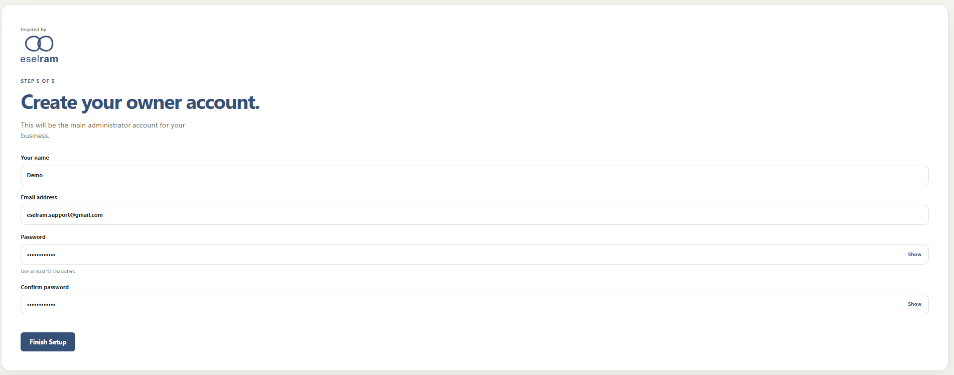 Eselram administrator account setup screen