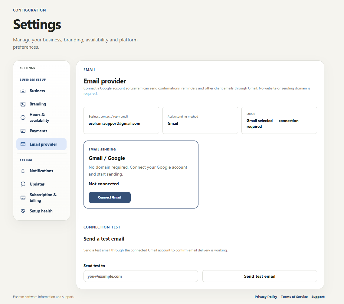 Eselram Settings screen showing the connected Gmail email provider