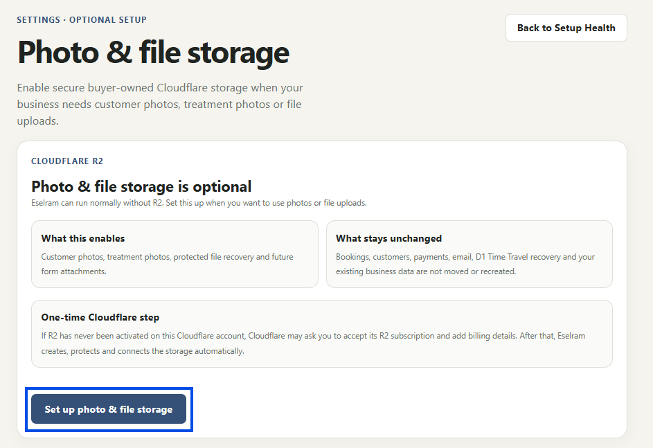 Eselram photo and file storage configuration screen