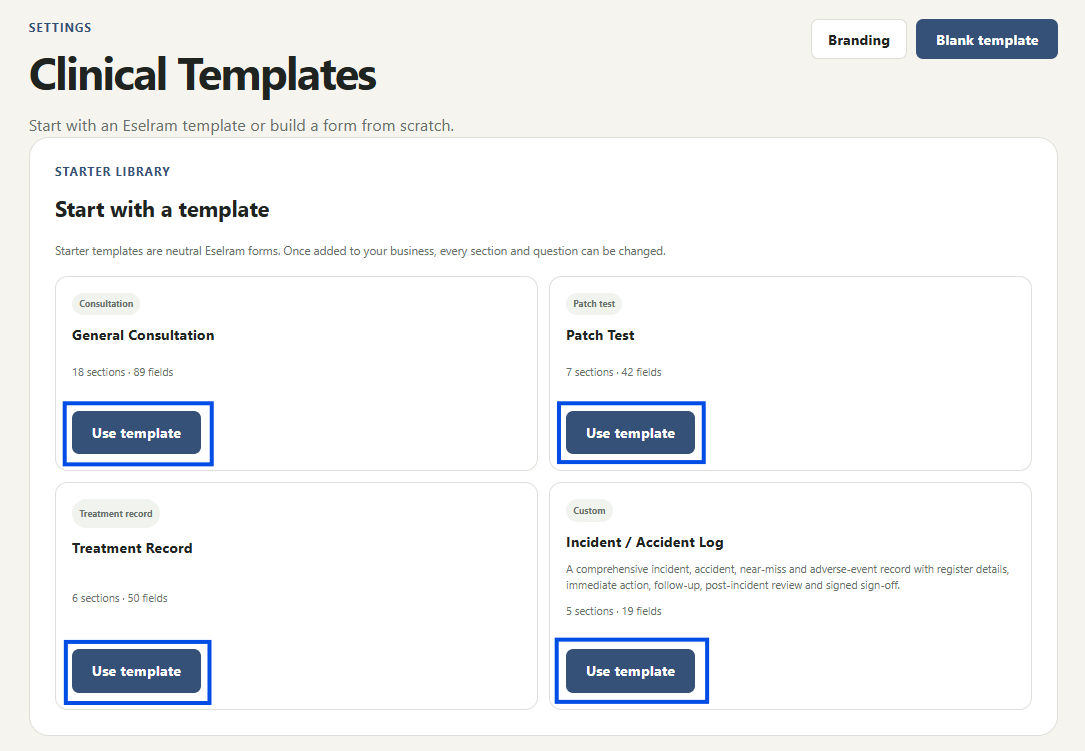 Eselram Clinical Templates screen