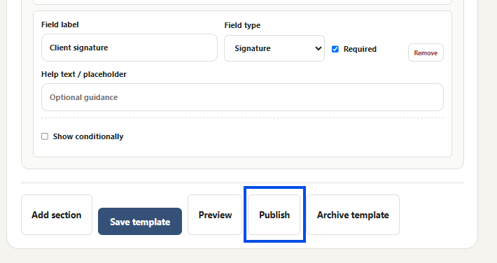 Eselram template builder showing Preview and Publish controls