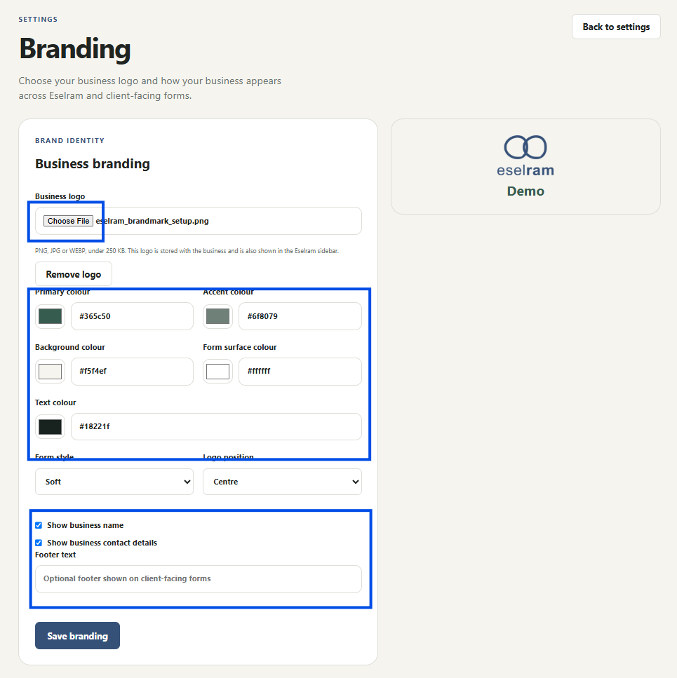 Eselram Branding settings screen